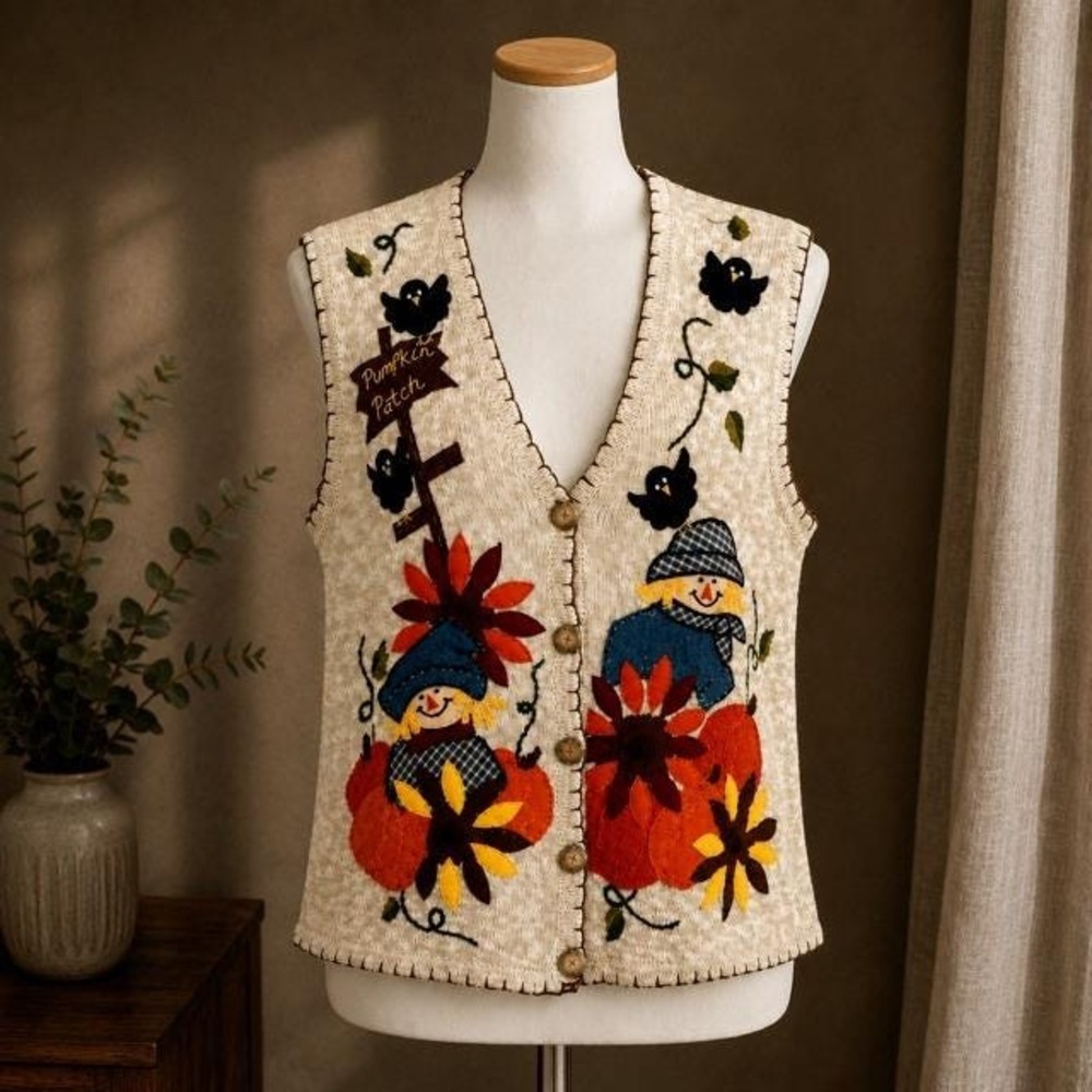 Vintage 90s Bobbie Brooks Pumpkin Scarecrow Sweater Vest Womens Small Fall